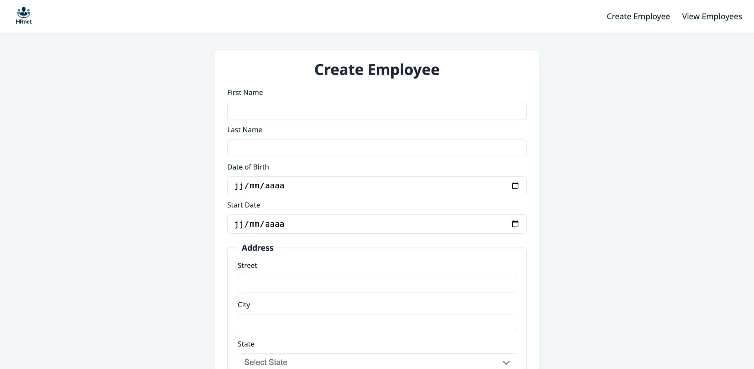 Projet : HRnet-react Aperçu de HRnet-react